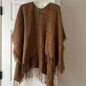 Chic Cozy Brown Plaid Fringe Poncho
